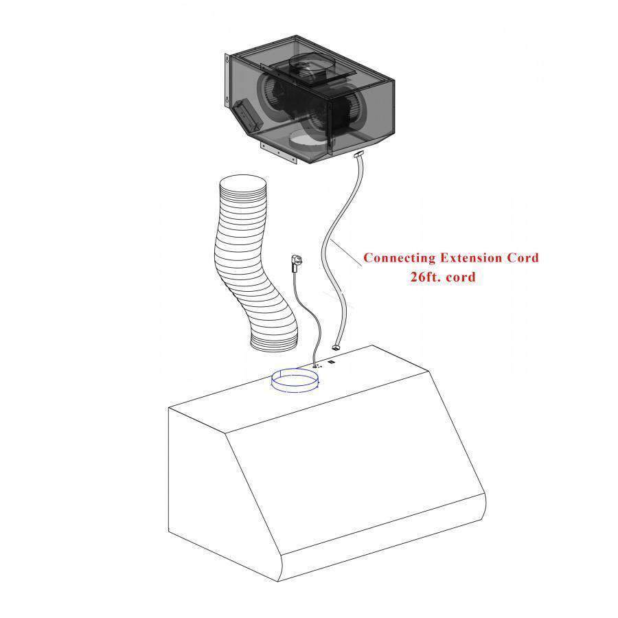 ZLINE wall range hood mounting diagram with connecting extension cord, 26 ft