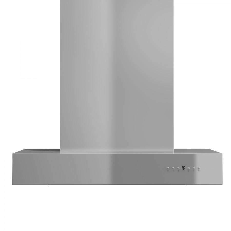 Stainless steel wall range hood with wide chimney body and control buttons on the front.