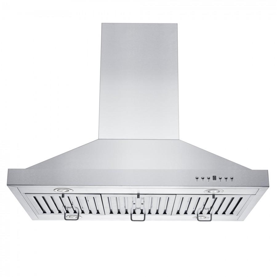 Stainless steel island range hood with front vent slats and control buttons