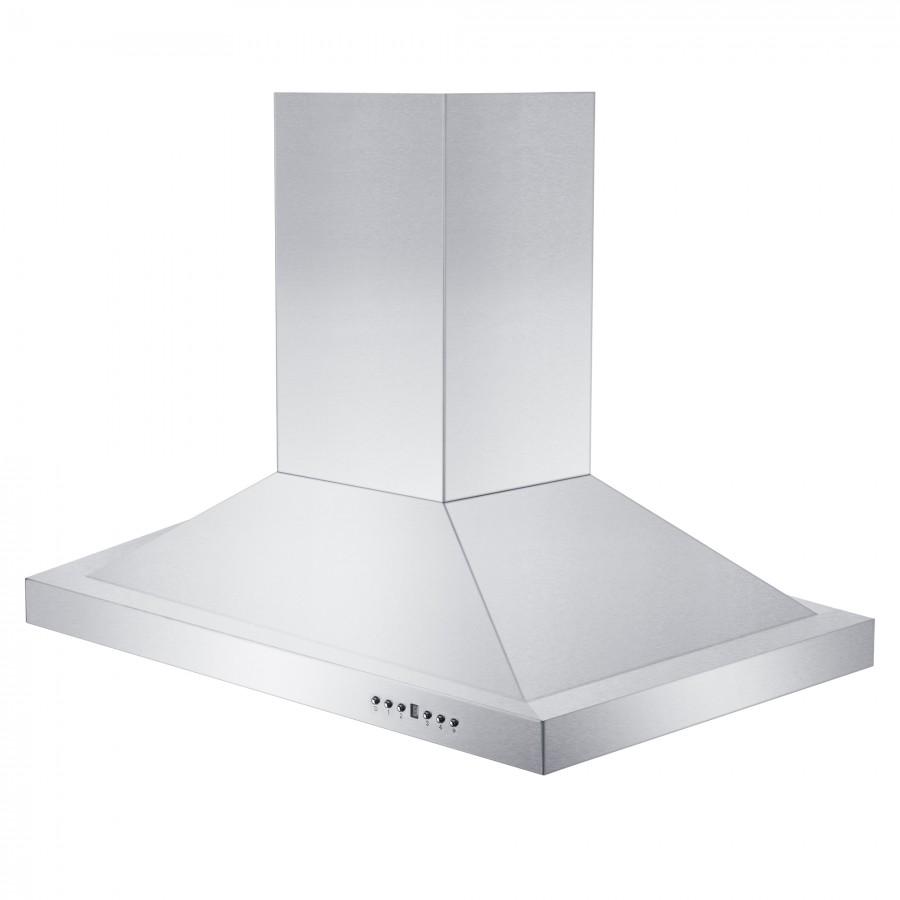 Stainless steel island range hood with angled chimney and front vent panel
