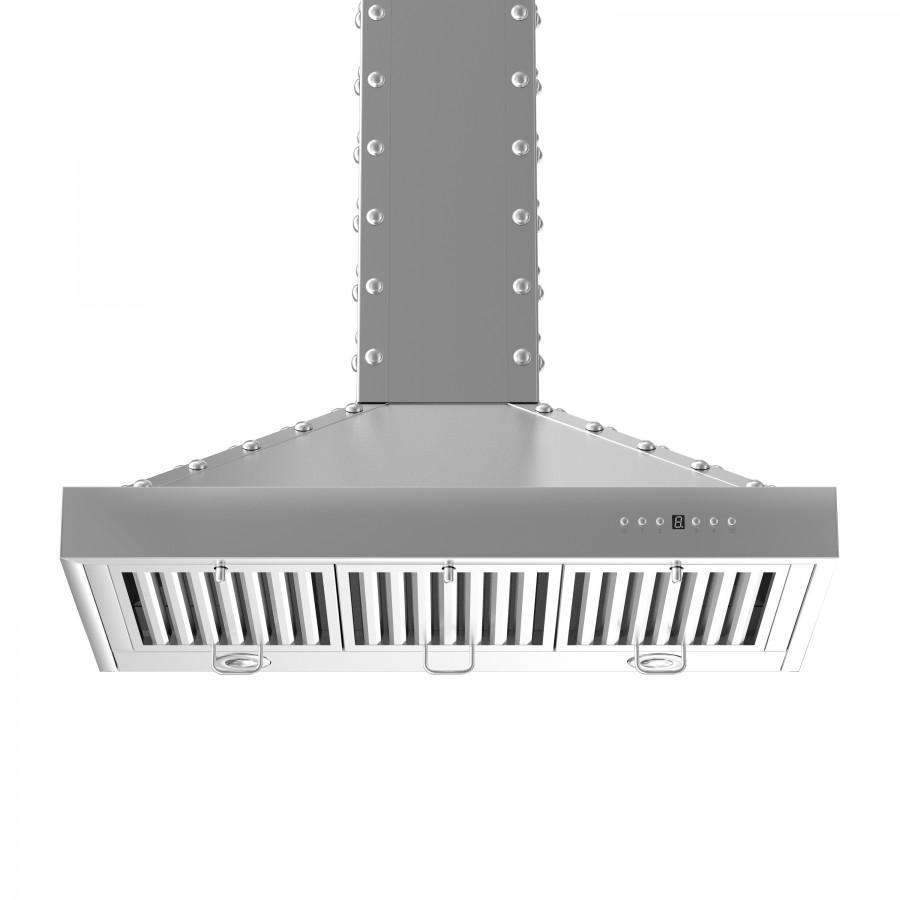Stainless steel wall range hood underside with grille vents and control buttons