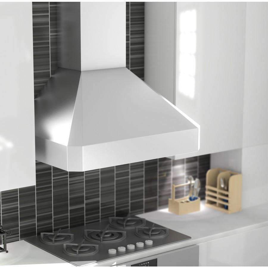 White stainless steel wall range hood over cooktop, angled view of hood