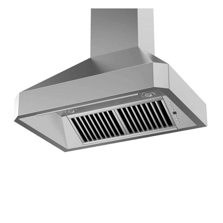Stainless steel wall range hood with vent grille and side controls