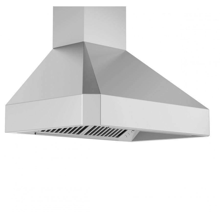 White stainless steel wall range hood chimney with vent grille, isolated view