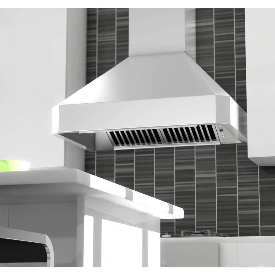 White stainless steel wall range hood vent grille and chimney interior, close-up