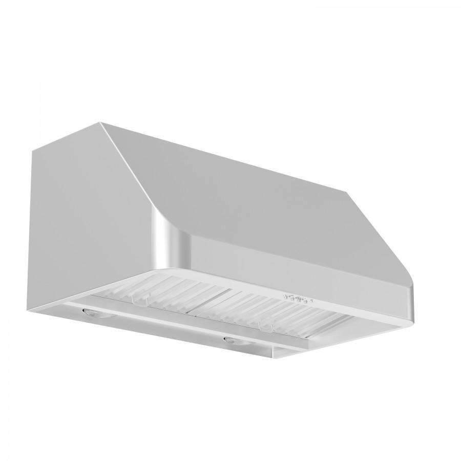 Under-cabinet stainless steel range hood underside with baffle and vent opening