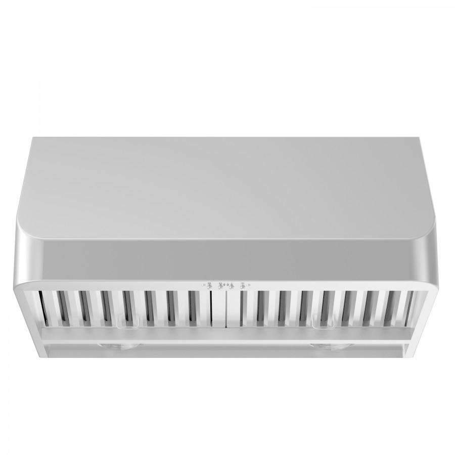 Under-cabinet stainless steel range hood front with long vent grille slots