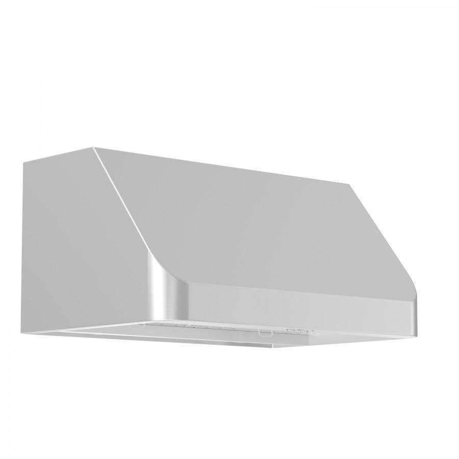 Under-cabinet stainless steel range hood with slanted canopy and recessed vent