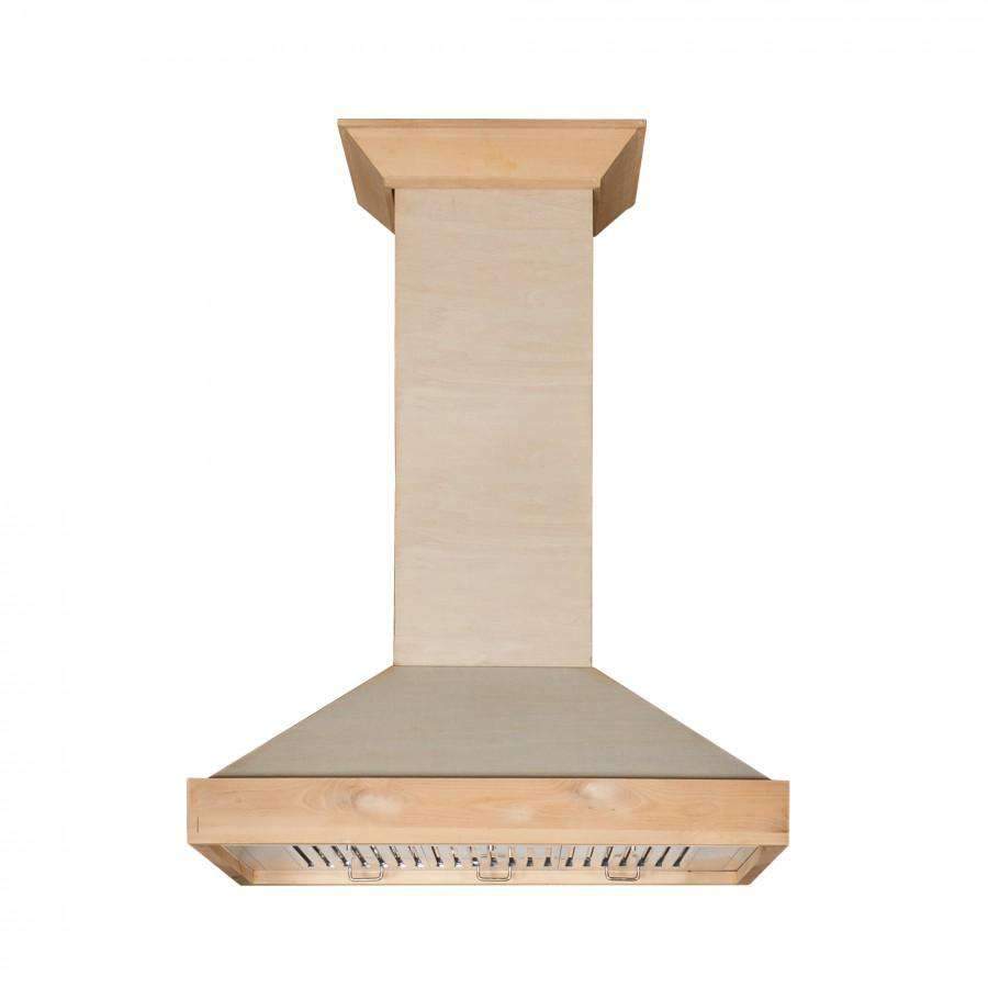Unfinished wooden wall-mount range hood, light wood chimney and canopy