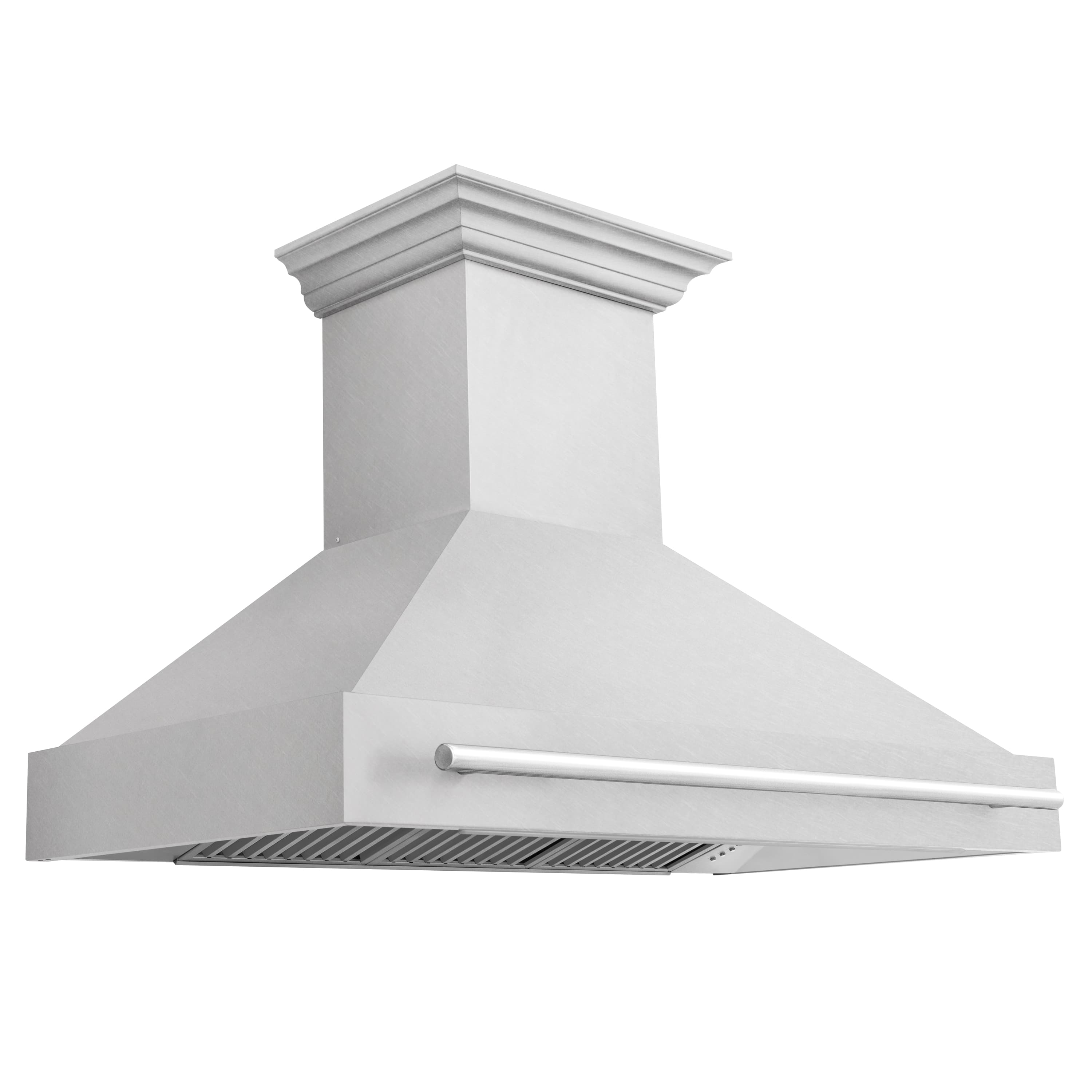 Wall-mount range hood with satin stainless chimney and stainless control bar