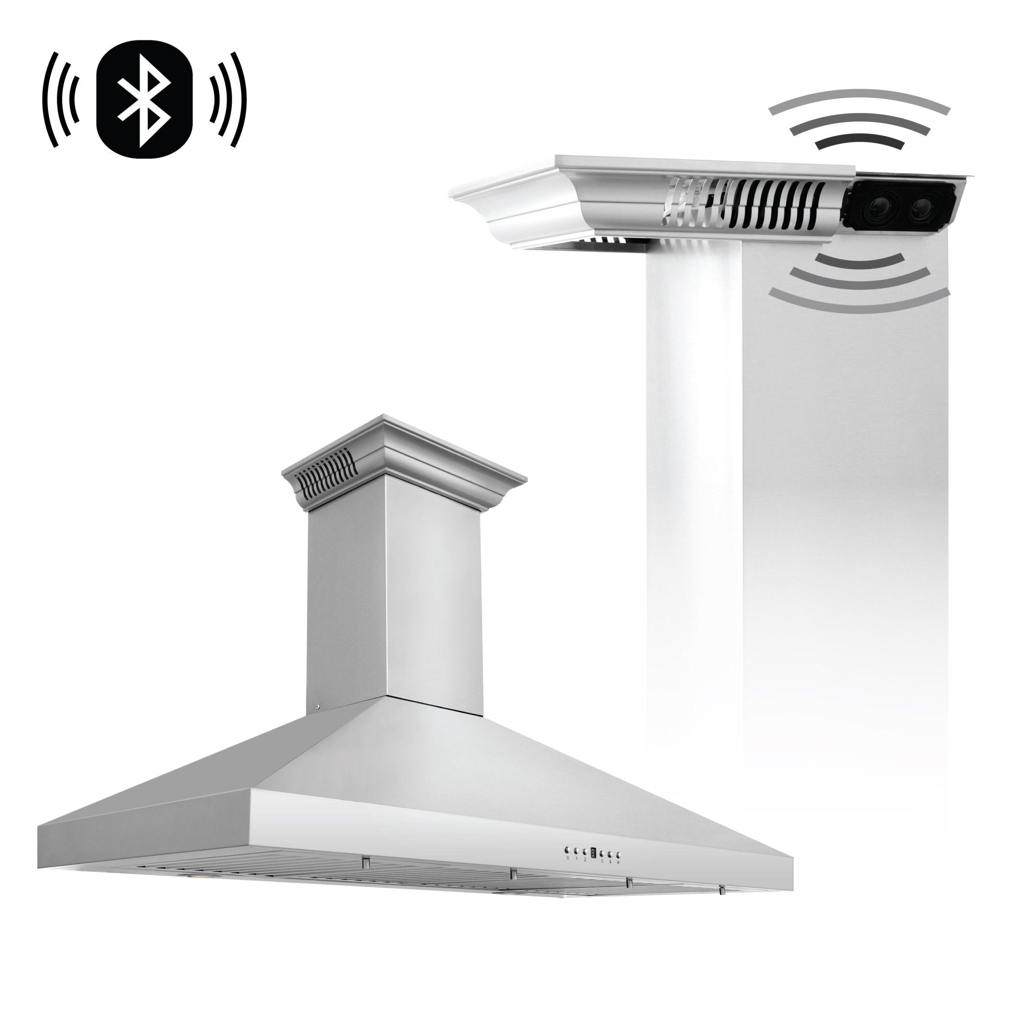 Stainless steel wall mount range hood with Bluetooth and wireless audio signal icons