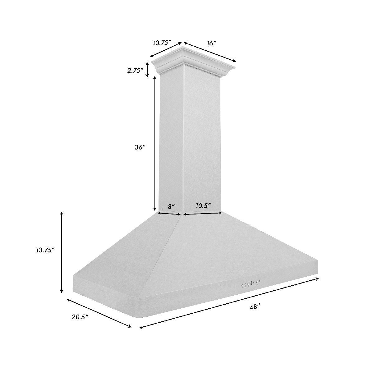 Wall mount range hood with crown molding chimney and wide canopy, side view dimensions
