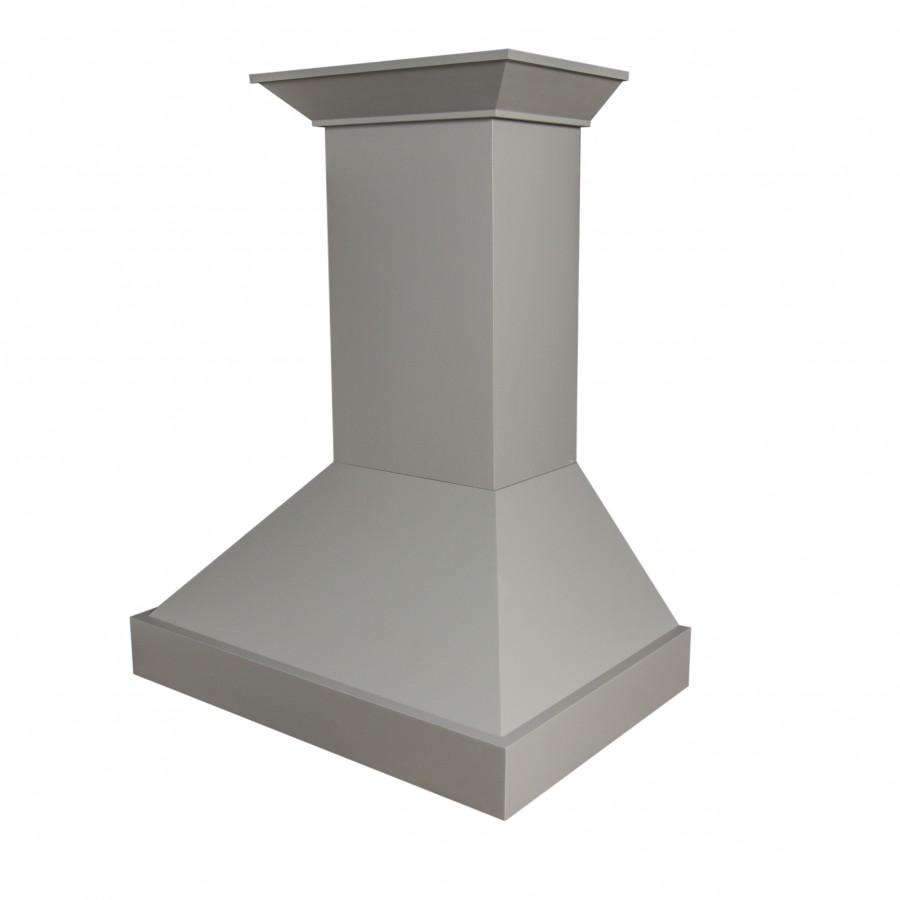 Gray chimney-style duct cover with flared canopy, side angle