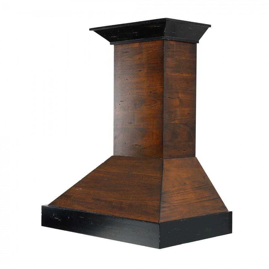 Wood and black wall range hood chimney with flared canopy