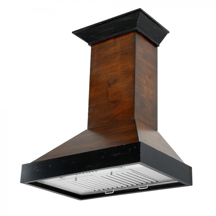 Wall range hood with wood chimney and black flared canopy