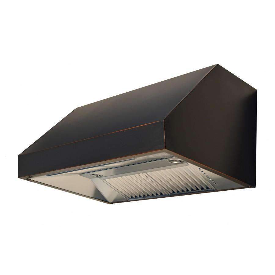 Under-cabinet range hood with dark oil-rubbed bronze housing and stainless vented front