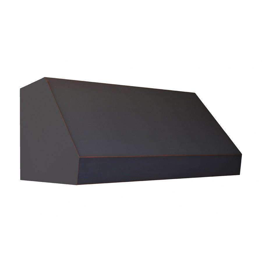 Under-cabinet range hood with dark oil-rubbed bronze canopy, side panels, and front edge