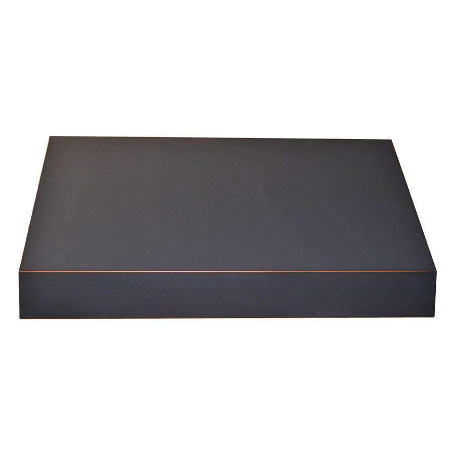 Under-cabinet range hood canopy in dark oil-rubbed bronze with thin orange trim line