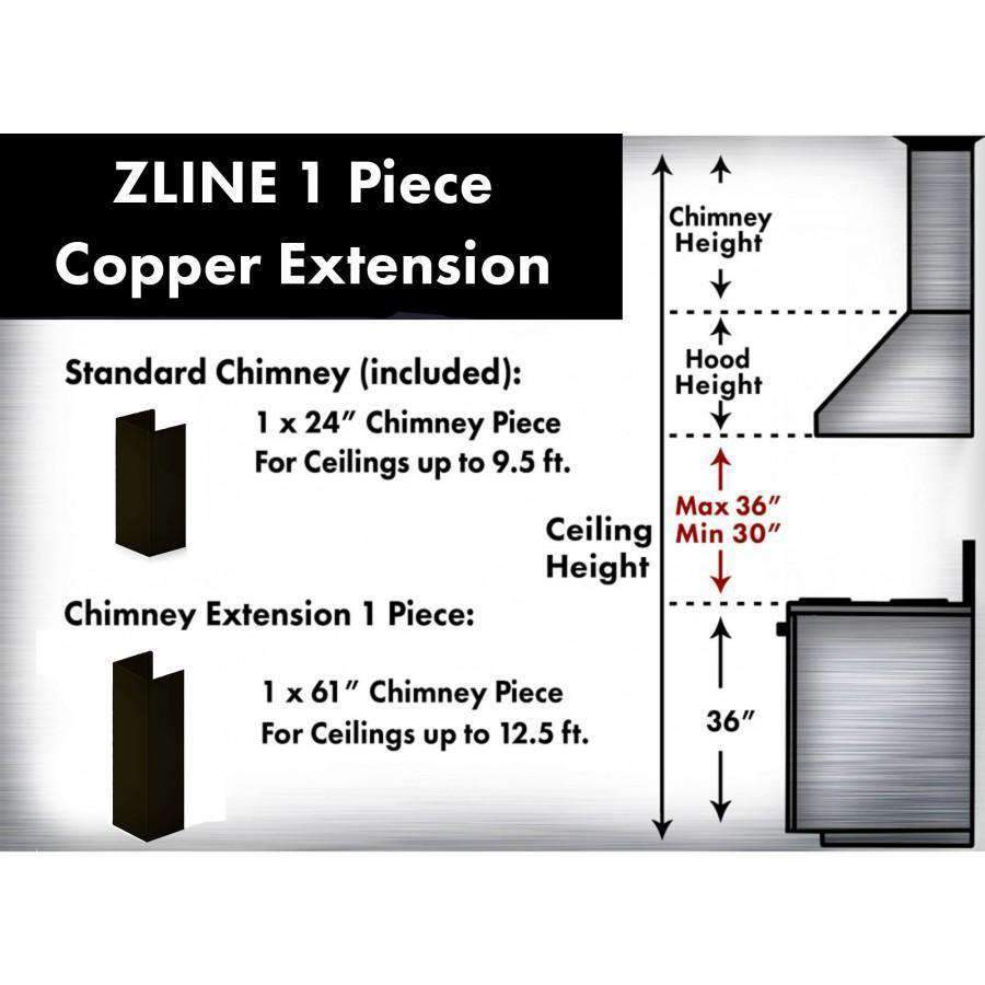 Chimney extension kit, 1-piece rectangular duct; shown with ceiling height dimensions
