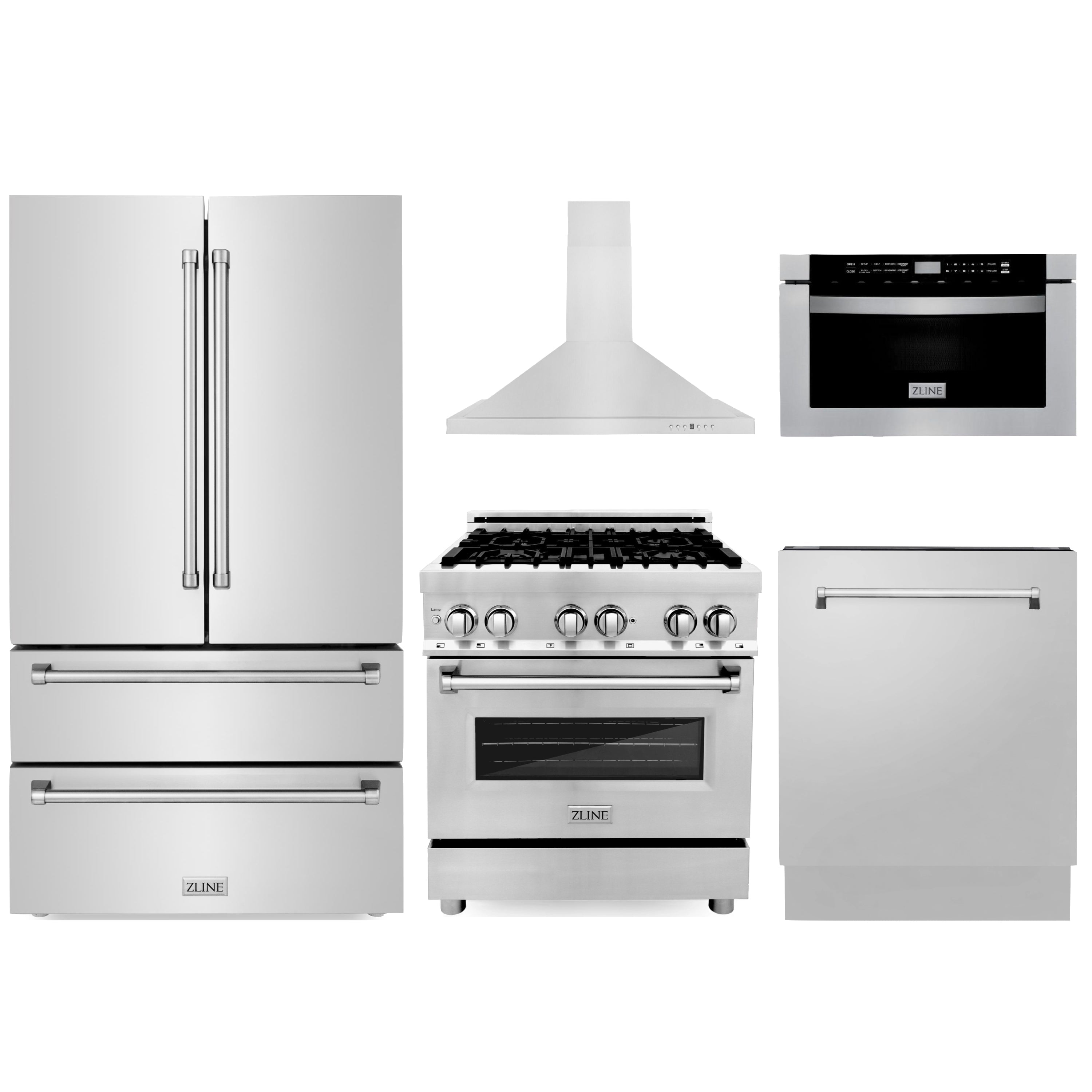 Stainless appliance set with refrigerator, dual-fuel range, oven, and side dishwasher