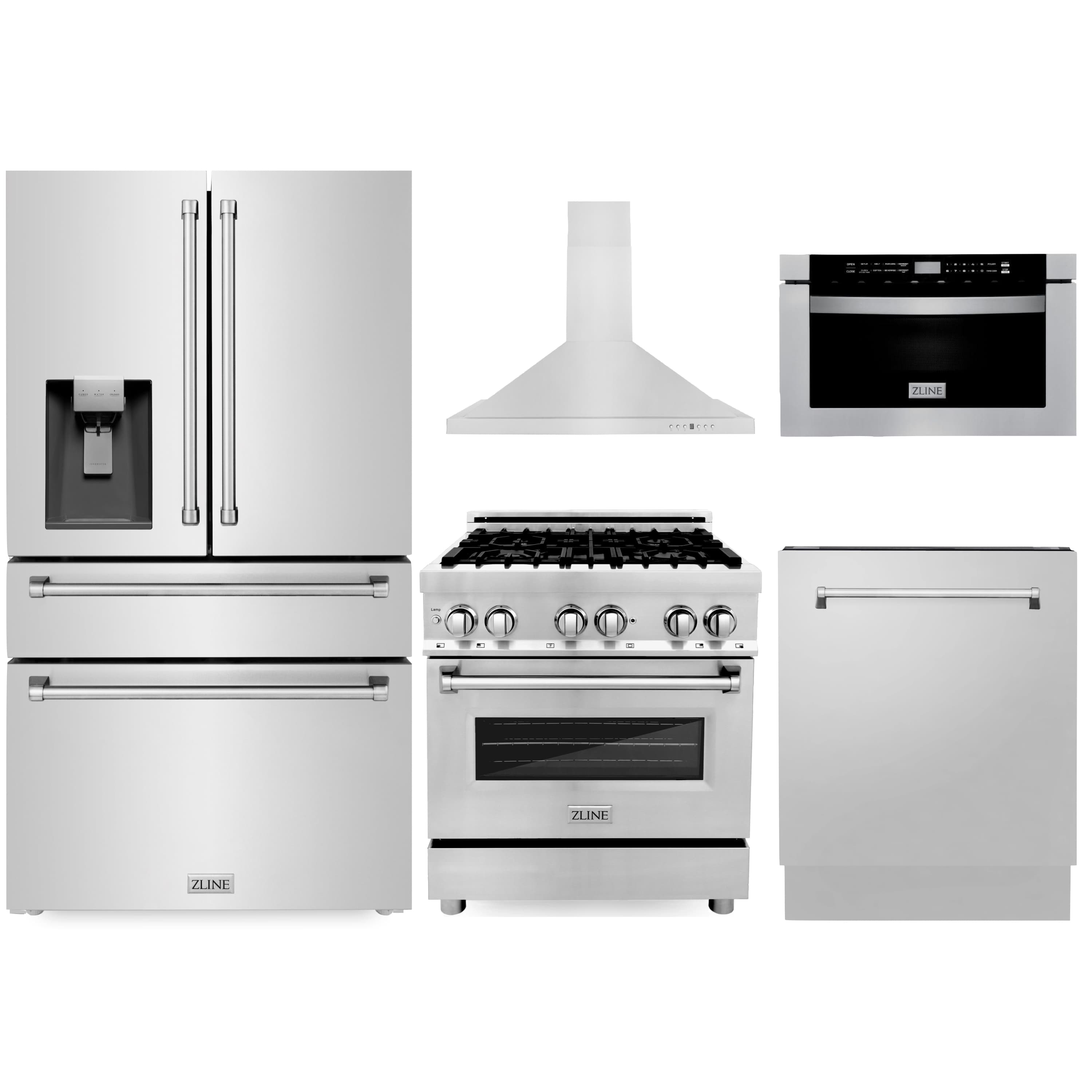 Stainless steel 5-piece appliance set with range, oven, dishwasher, and hood