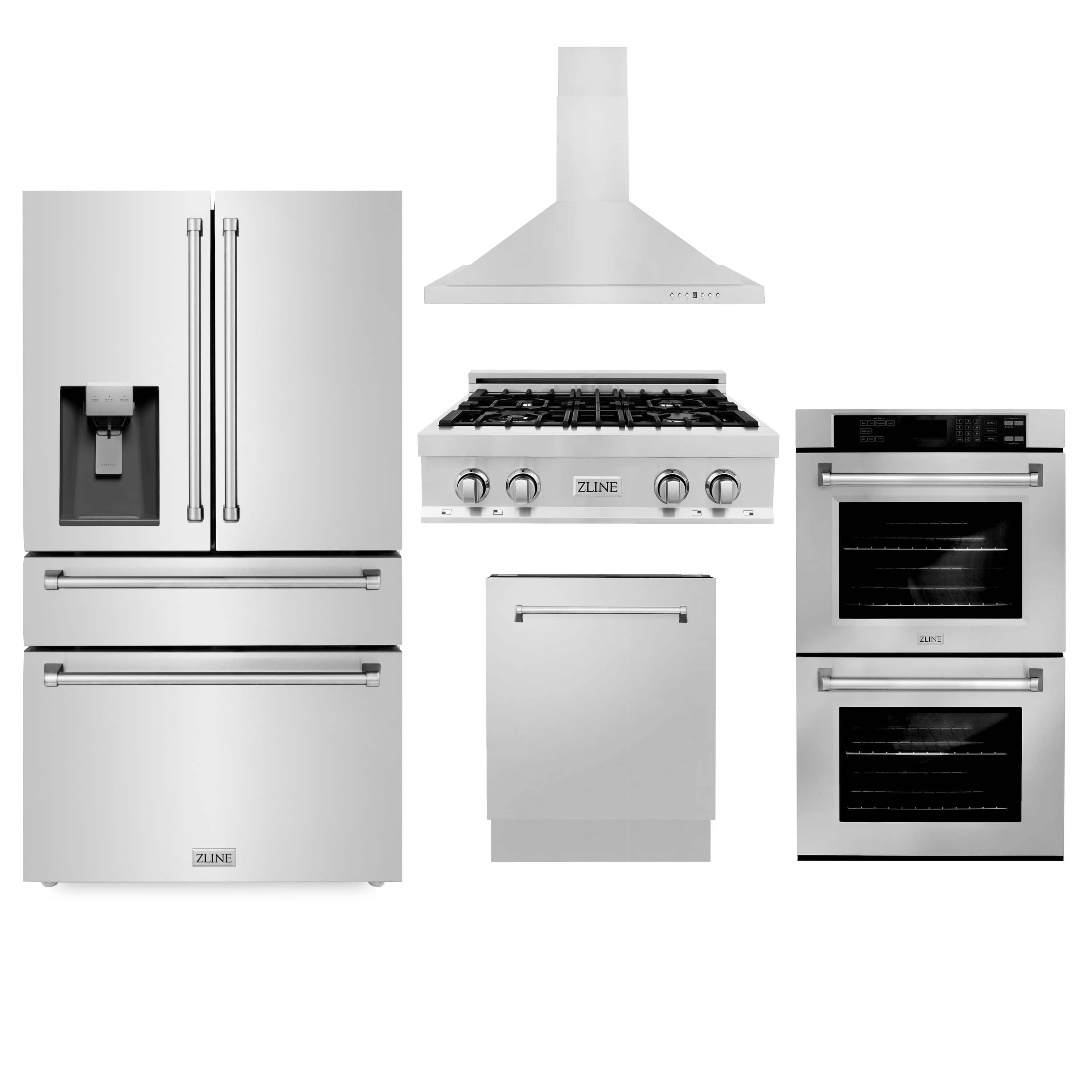 Kitchen appliance set with range, range hood, dishwasher, and refrigerator in stainless steel