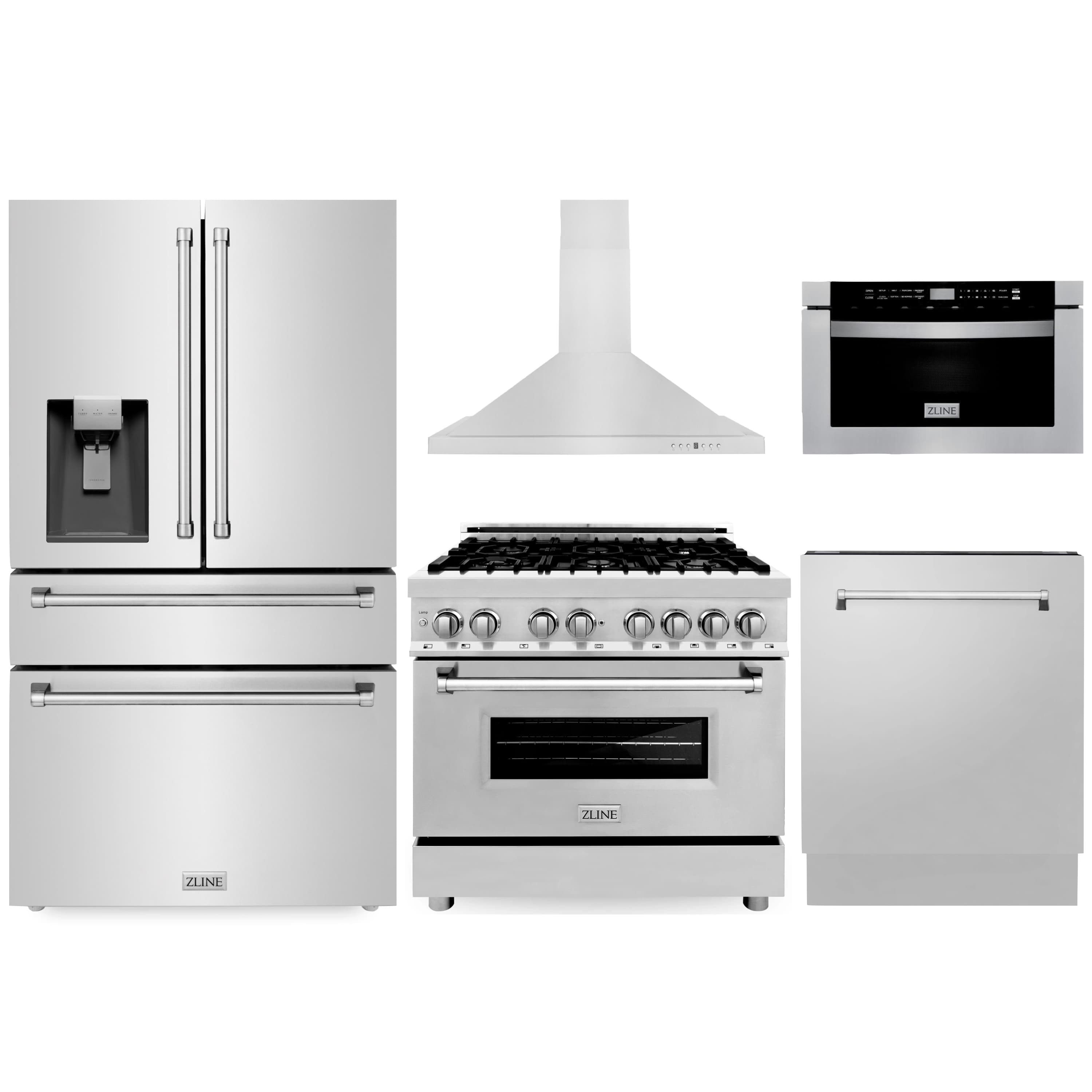 Kitchen appliance package featuring refrigerator, range, hood, and microwave/oven