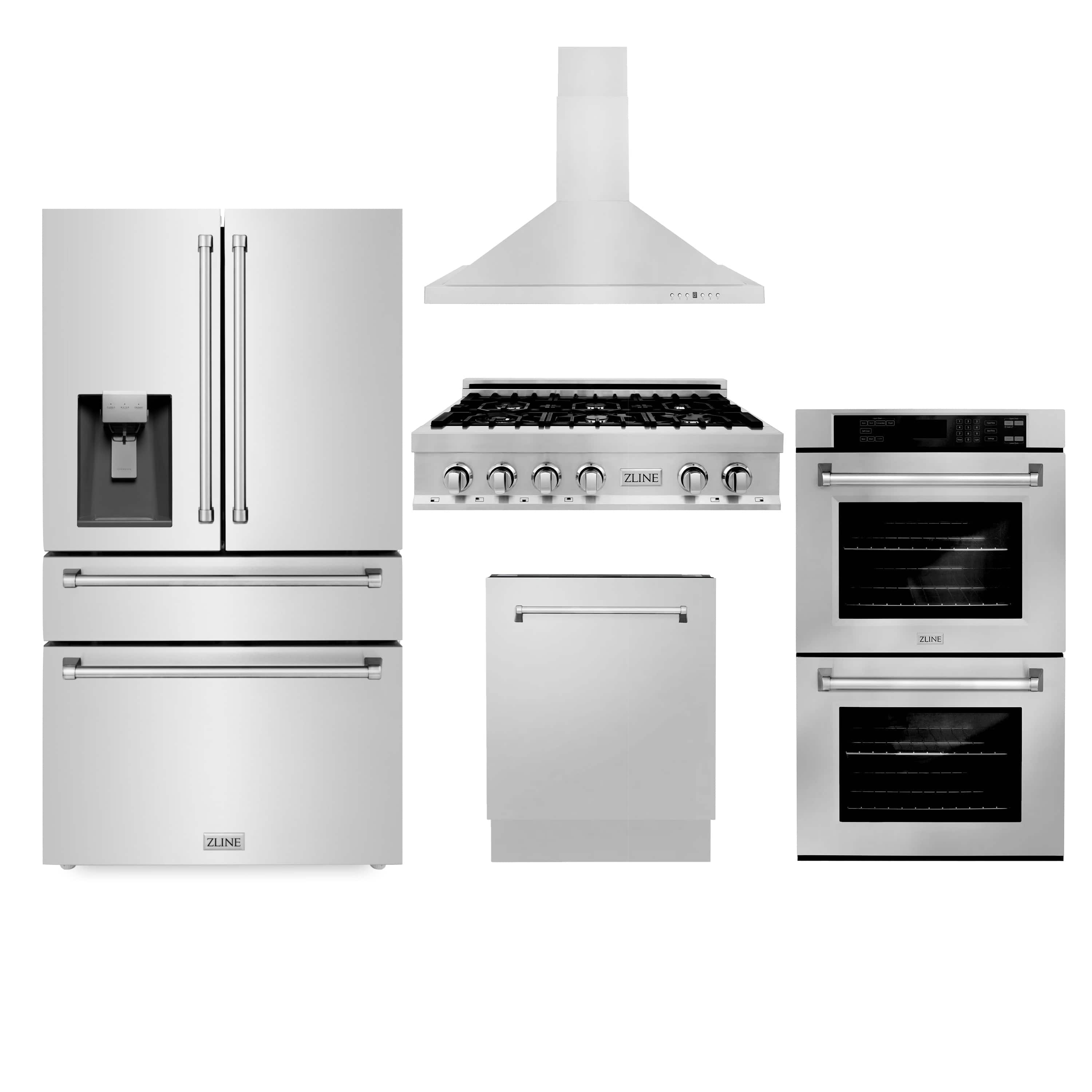 Stainless steel appliance package with refrigerator, range, hood, and two ovens