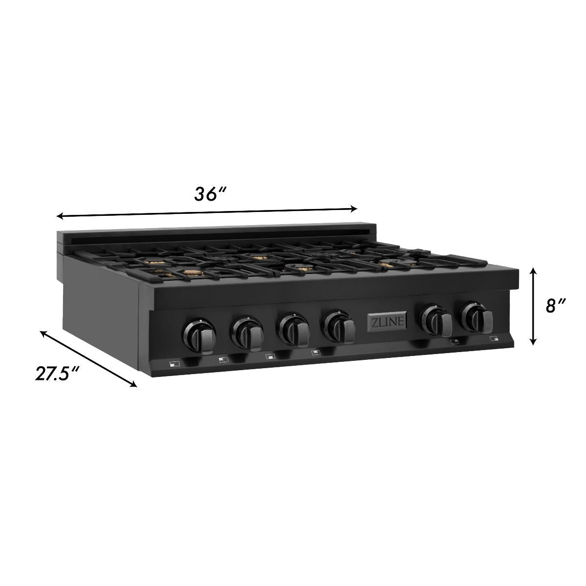 36-inch black ZLINE gas rangetop side view with burner grates and knobs