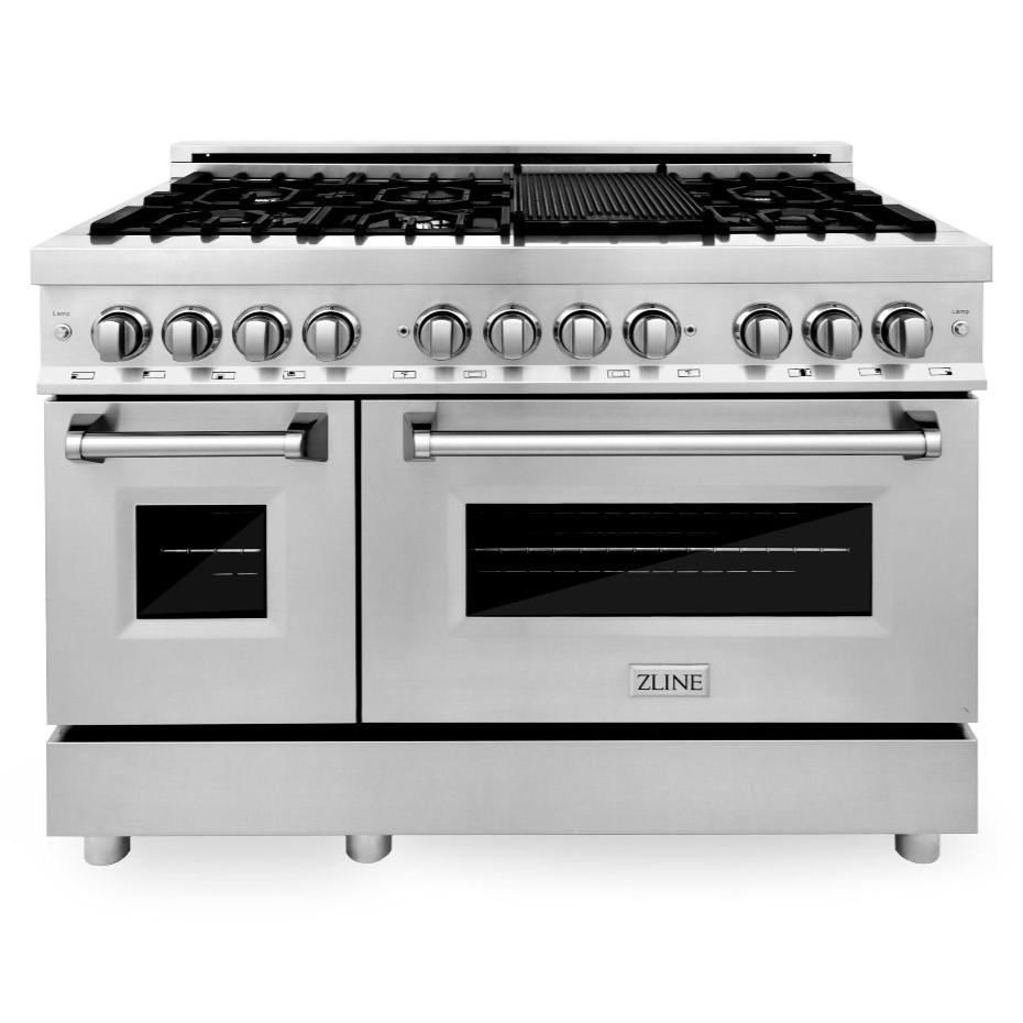 Stainless dual fuel range with gas grates, control knobs, and two oven doors