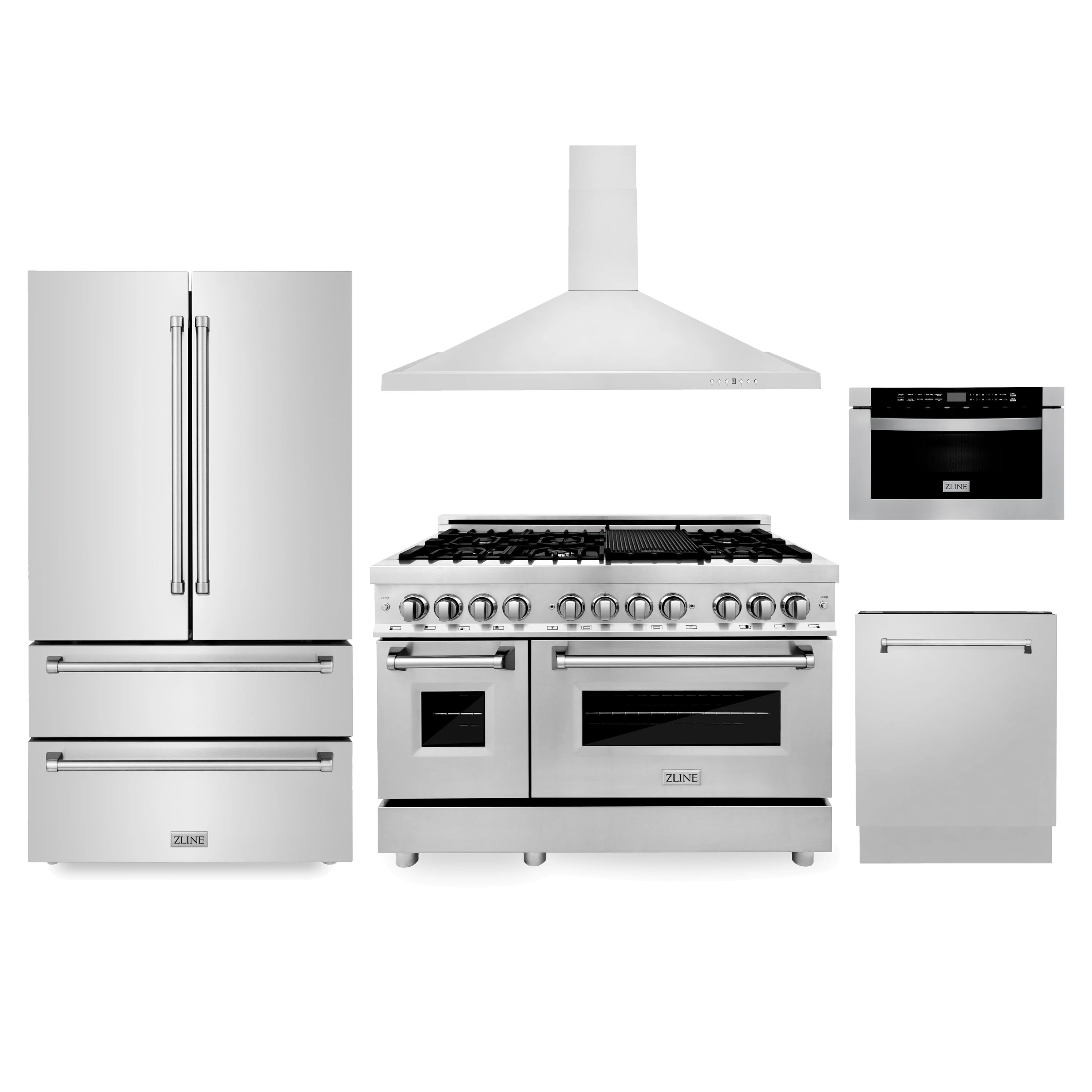 Kitchen appliance package with white dual fuel range, canopy hood, and matching drawers
