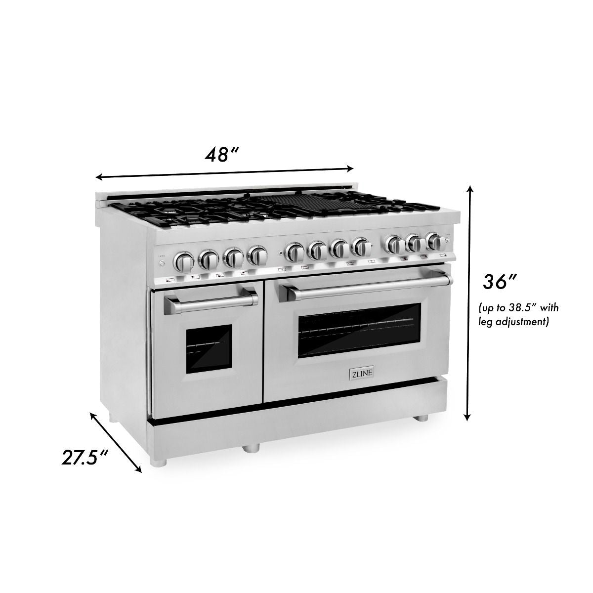 ZLINE 48-inch dual fuel range with glass doors, control knobs, and black cooktop