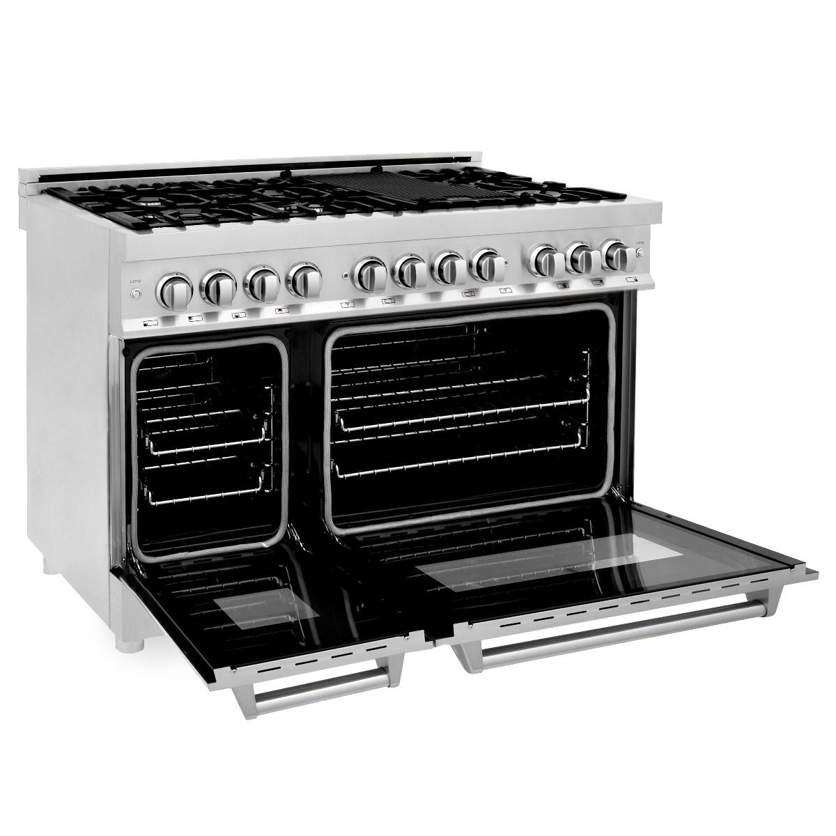 Stainless dual fuel range with open ovens, burners on top, and control knobs