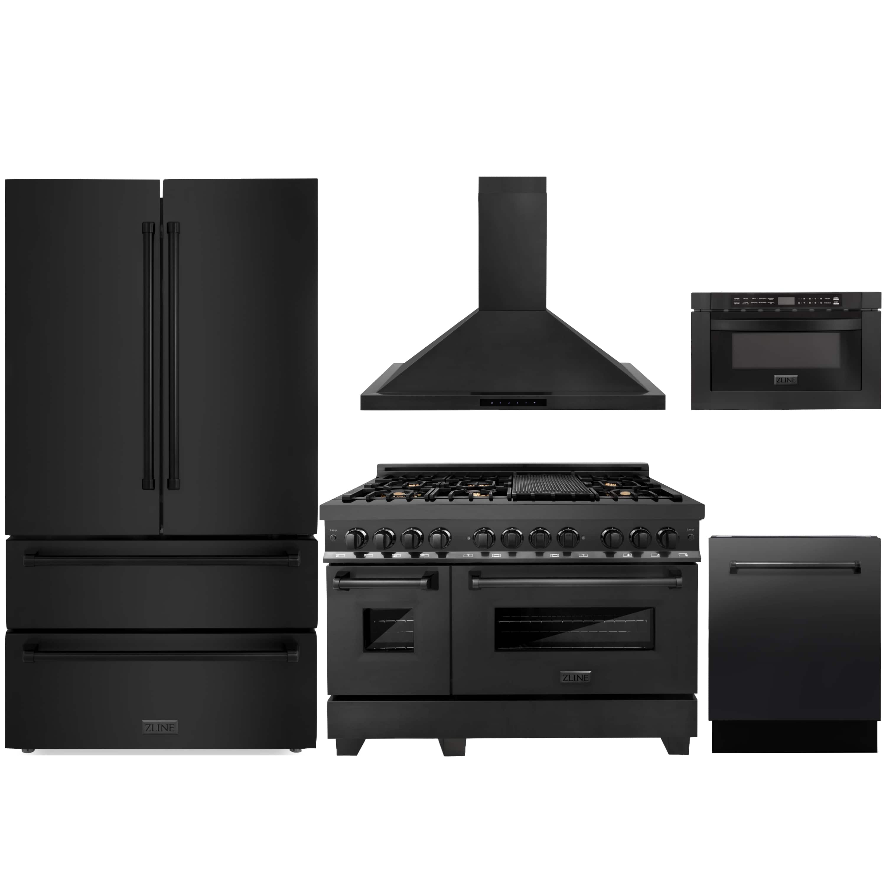 Black kitchen appliance bundle with range, oven, range hood, refrigerator, and dishwasher