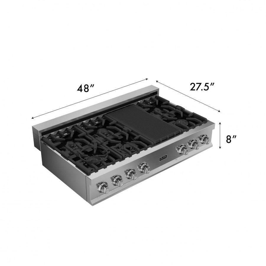 48-inch gas rangetop with black grates, four burners, and control knobs
