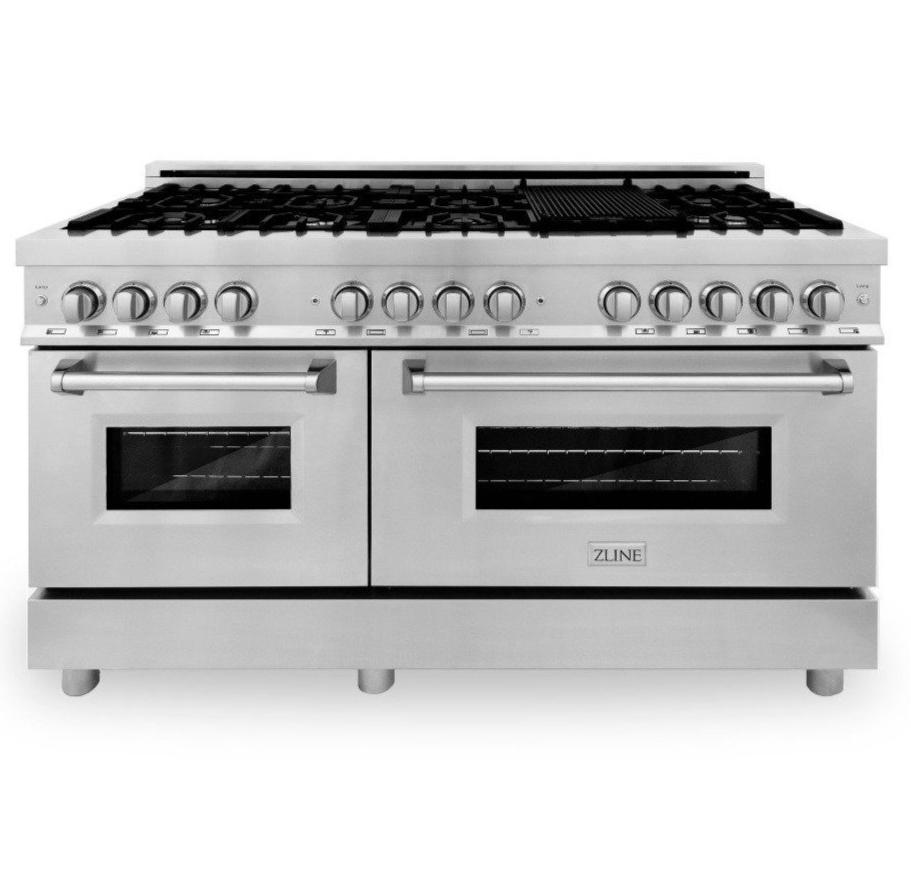 Stainless steel dual fuel range with griddle and dual oven doors