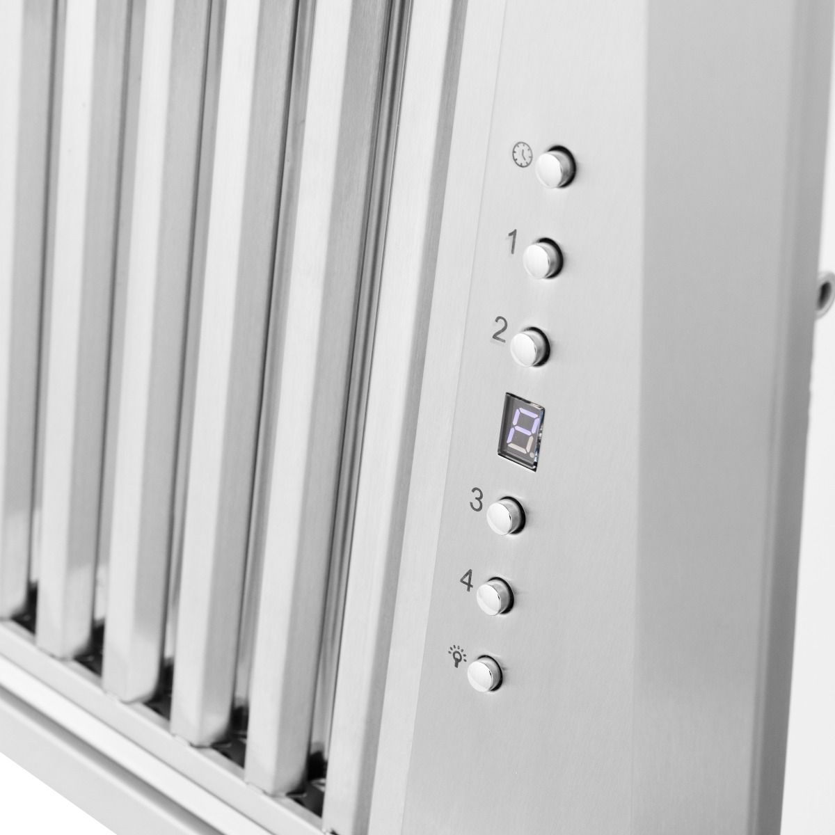 Stainless steel range hood insert control panel with buttons and digital display