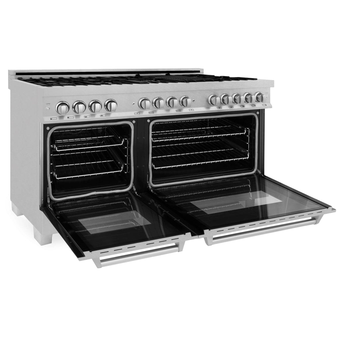 Stainless dual fuel range with both ovens open and racks visible