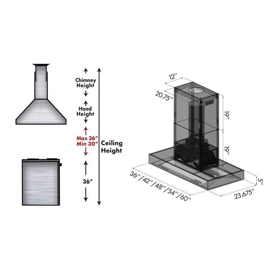 Range hood dimension diagram showing hood height, chimney height, and width