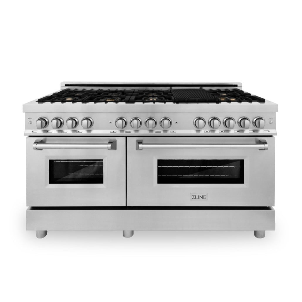 Stainless steel dual fuel range with burner grates and two front oven doors