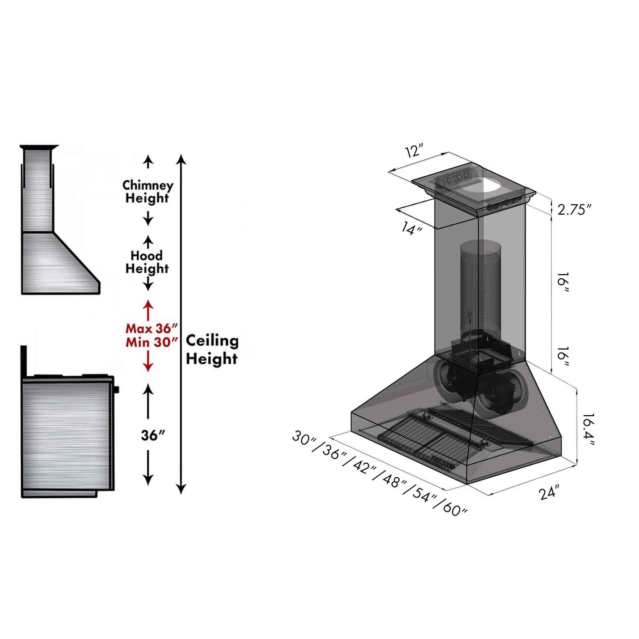 Wall mount range hood dimensions diagram with clearance height and chimney notes
