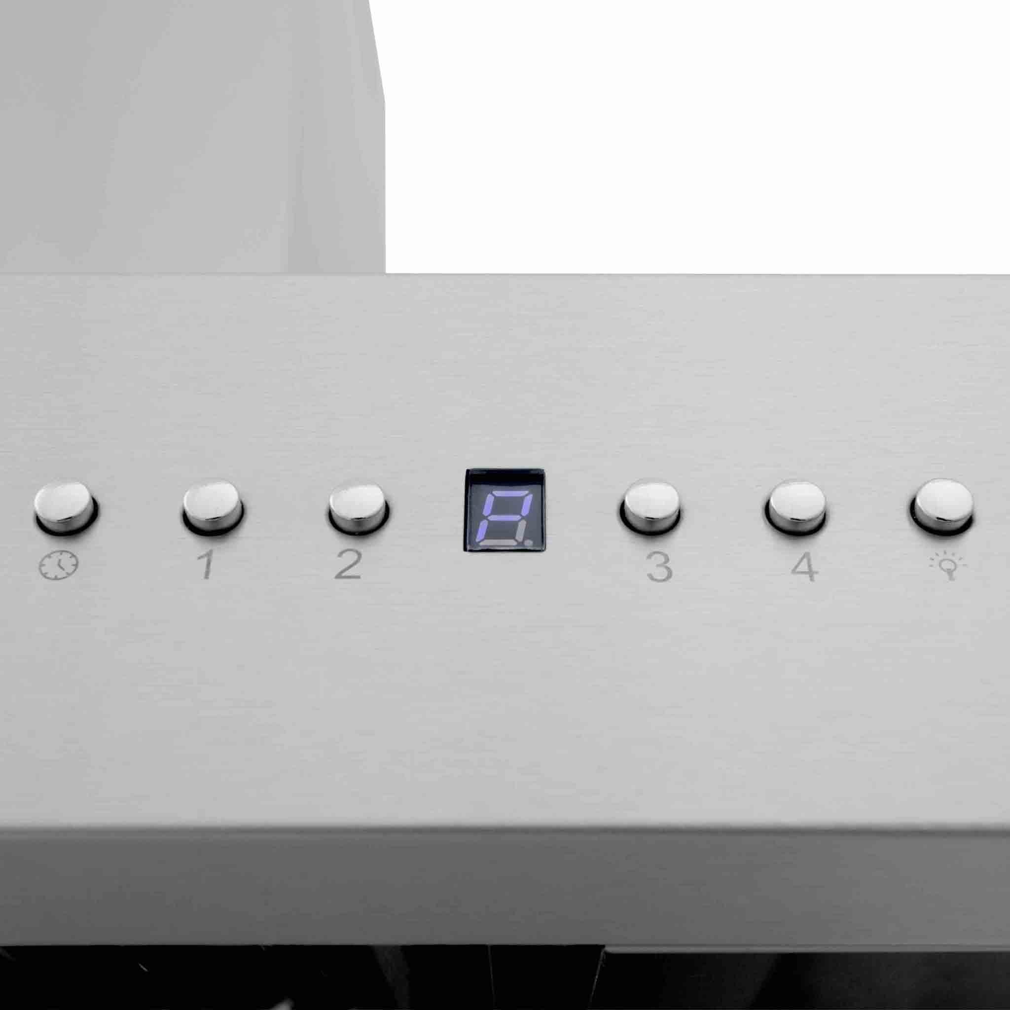 Stainless steel range hood control panel with digital display and round buttons