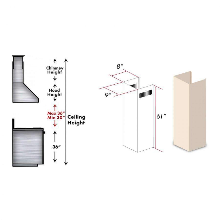 Wood chimney extension panel with 61-inch height diagram and dimensional arrows