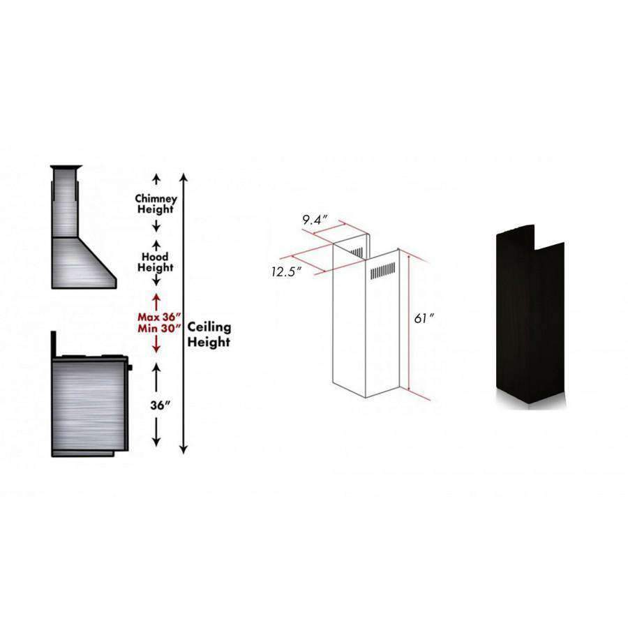 Black chimney extension for range hood, 61 in tall, rectangular vented sleeve.
