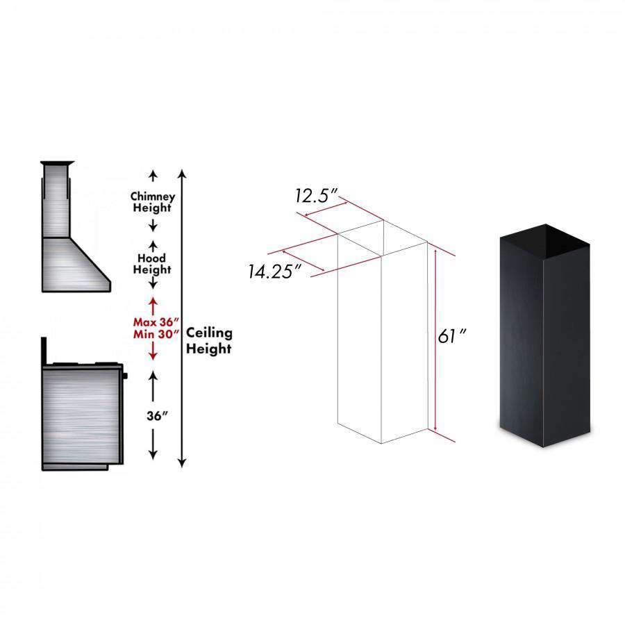 Wood chimney extension for island hoods, tall black rectangular chimney cover