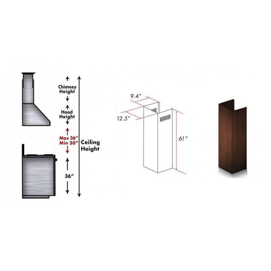 Dark brown wooden chimney extension for range hood, rectangular section, 61 in tall