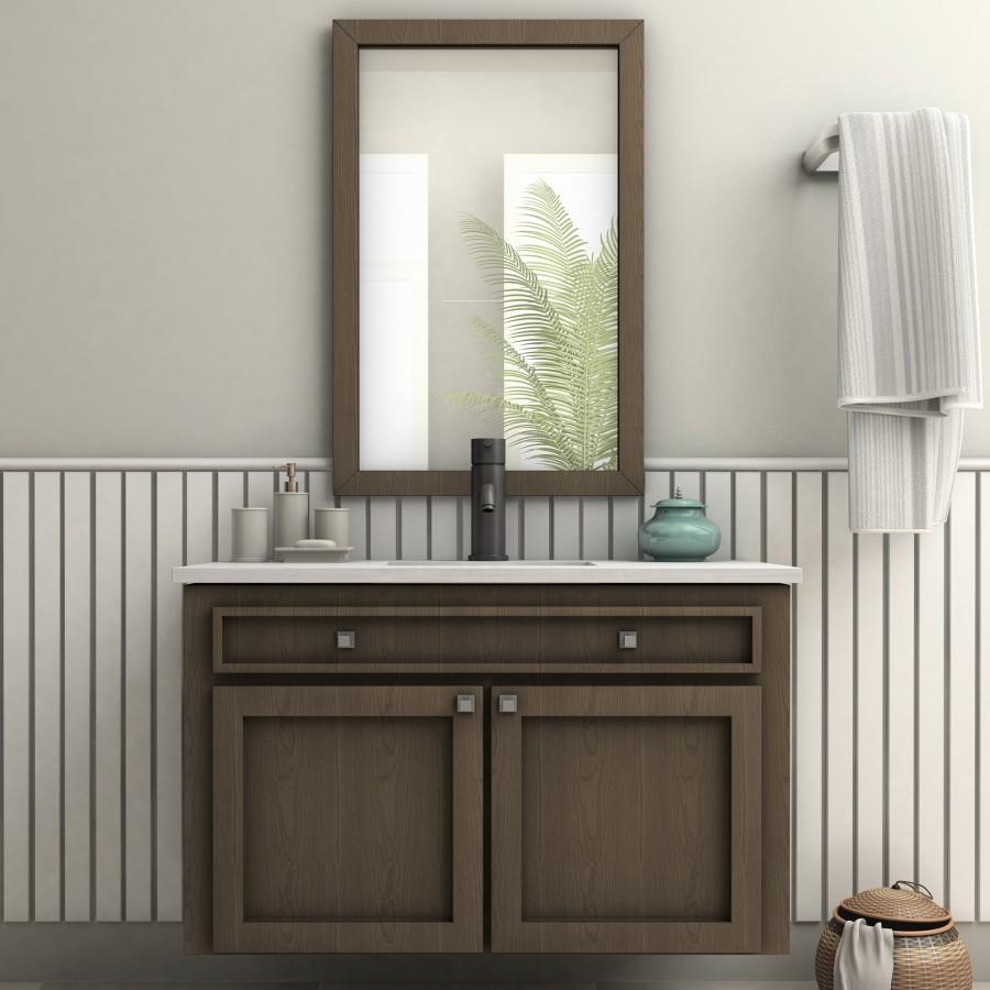 Matte black bath faucet on countertop with single lever and curved spout