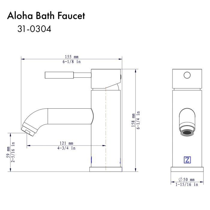 Matte black bath faucet technical drawing showing single lever and spout dimensions