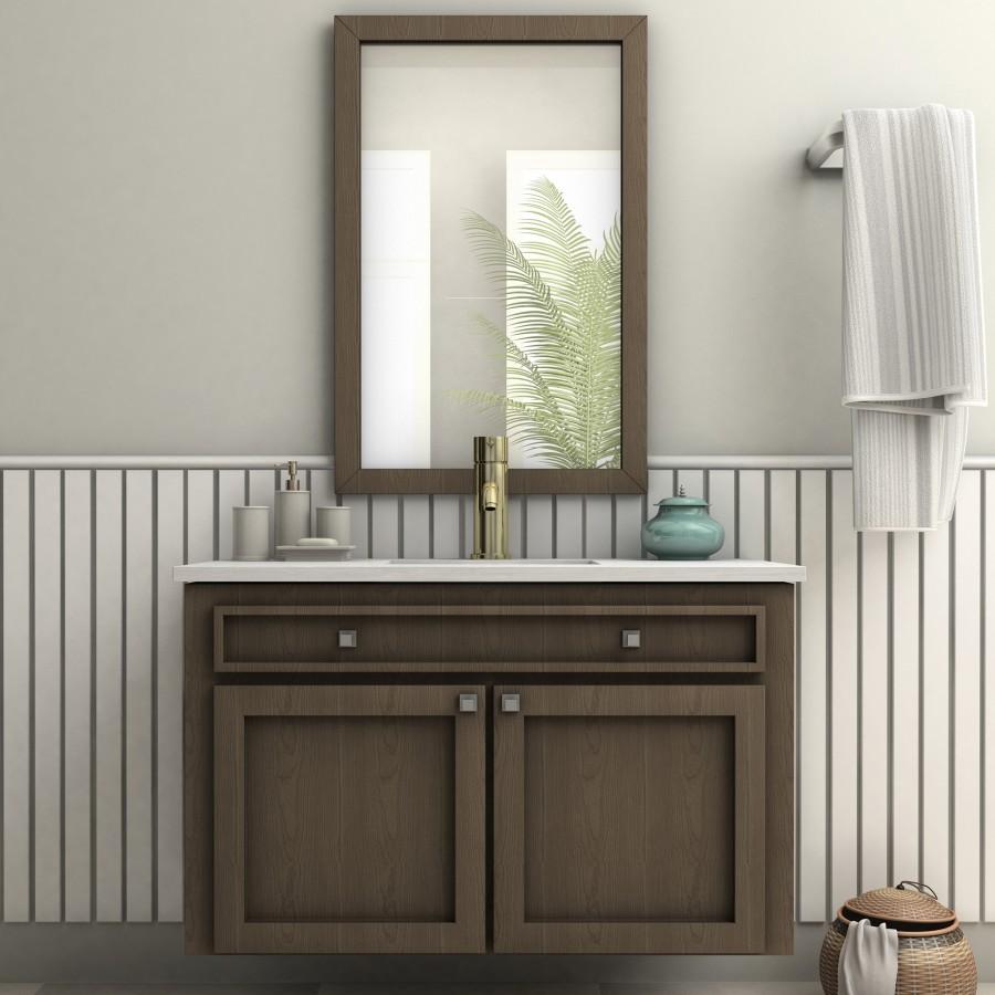 Polished gold bath faucet on vanity with curved spout and single control