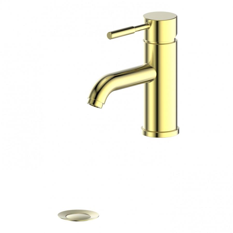 Polished gold single-hole bath faucet with curved spout and side lever